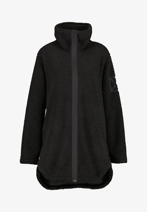 Zwarte fleece pullover met hoge kraag, rits aan de voorkant en zijsplits. Heeft een gestructureerde stof en een geometrische patch op de mouw.