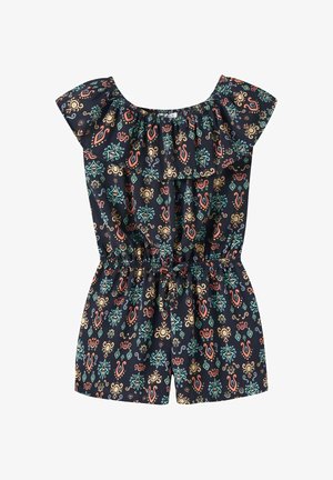 Czarny kombinezon z krótkim rękawem, z wielokolorowymi geometrycznymi i kwiatowymi wzorami, elastyczną talią oraz falbaniastego typu dekoltem odsłaniającym ramiona.