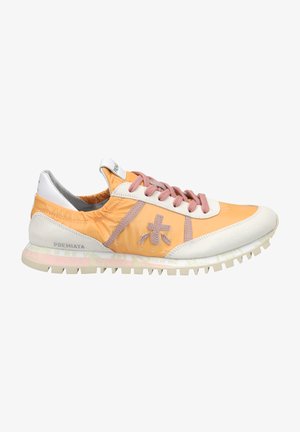 Orange and white sneaker with pink laces, suede and nylon materials, textured accents, and a rugged traction outsole.