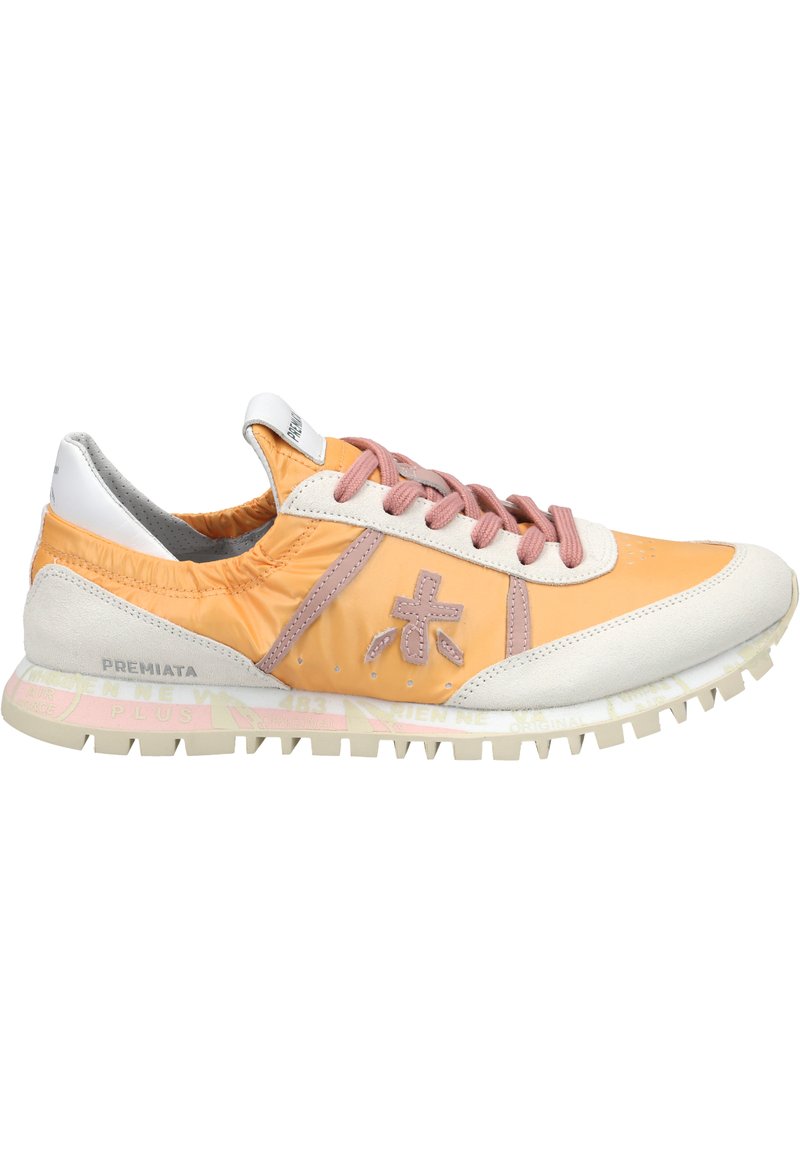 Orange and white sneaker with pink laces, suede and nylon materials, textured accents, and a rugged traction outsole.