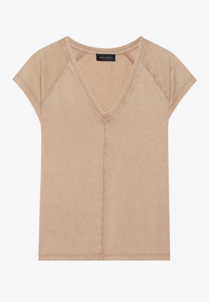 Beige V-hals t-skjorte med korte ermer, myk tekstur og synlige sømdetaljer. Merket sier "ANNA FIELD." Enkelt, avslappet passform design.