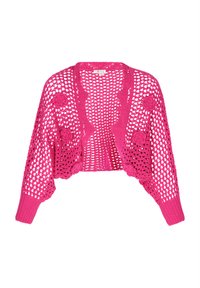 Cardigan all'uncinetto rosa con un design a maglia aperta, bordi arrotondati e decorazioni floreali sulle maniche. Texture morbida con polsini a coste.