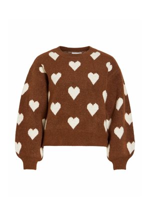 Bruine trui van zacht gebreid materiaal met witte hartpatronen, ronde hals en pofmouwen met geribde zoom en manchetten.