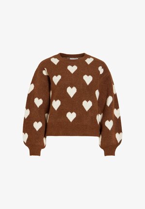 Rjav pulover iz mehke pletene tkanine z belimi vzorci v obliki src, okrogel izrez in napihnjeni rokavi z rebrastim zaključkom na spodnjem robu in manšetah.