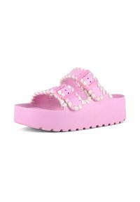 Ružičaste gumene sandale za klizanje s dva podesiva kopčanja i bijelim šavovima oko rubova, s debelom platformom.