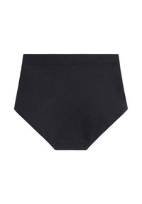 Mutande nere in cotone a vita alta con una cintura liscia e un design senza cuciture con fondo arrotondato. Stile minimalista e colore uniforme.