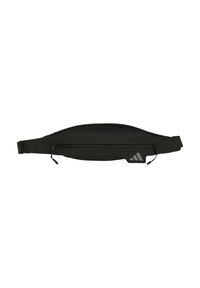 Black waist bag made of durable fabric, featuring a zippered compartment, adjustable strap, and a small logo accent on one side.