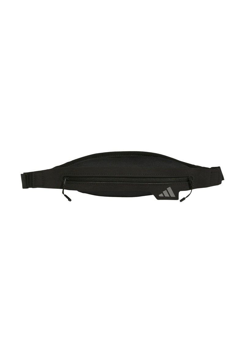Black waist bag made of durable fabric, featuring a zippered compartment, adjustable strap, and a small logo accent on one side.
