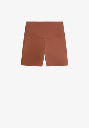 Hnedé športové šortky s vysokým pásom, vyrobené z pružného materiálu. Hladká textúra a priliehavý dizajn, vhodné na aktívne nosenie alebo na bežné použitie.