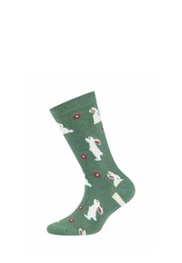 Grüner Socken mit weißen Hasen und kleinen roten Blumenmustern, gerippter Bund, vor weißem Hintergrund präsentiert.