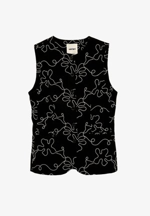 Gilet nero senza maniche con bottoni, decorato con un motivo astratto bianco a linee ondulate e forme organiche, con una piccola etichetta del marchio sul colletto.