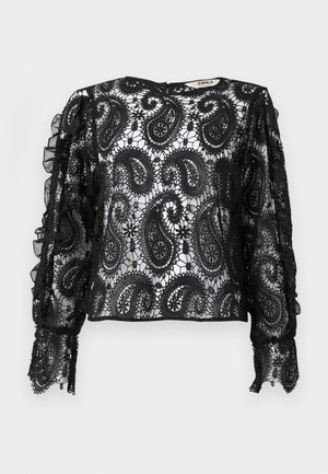 Sort blonde top med paisley-mønster, flæser på ærmerne og gennemsigtig tekstur. Rund halsudskæring med subtil detaljering og cropped pasform.
