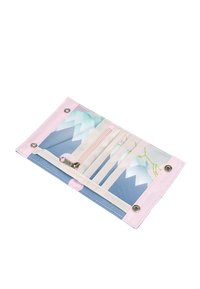 Blue fabric wallet with pink accents, featuring multiple slots and a zippered pocket, adorned with a geometric pattern. Snap closure.