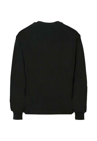 Czarna bluza z długim rękawem, okrągłym dekoltem, ściągaczami na rękawach i u dołu. Gładka faktura, minimalistyczny design oraz brak widocznych logo czy wzorów.