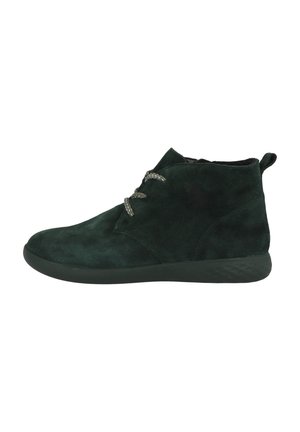 Dark green suede ankle boots with a rounded toe, two-tone laces, and a flexible rubber sole featuring a textured pattern.