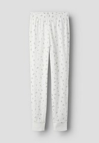 Pantalon de pyjama blanc avec un motif floral en vert et rose. Taille élastique et ourlets côtelés. Tissu doux et léger.