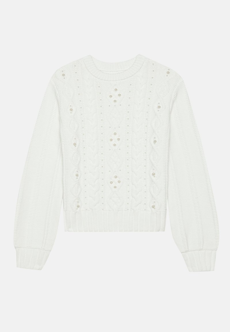 Weißer Strickpullover mit Kabelstrickmuster, Perlenakzenten, gerippten Bündchen und Saum, runder Ausschnitt und langen Ärmeln.