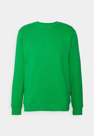 Effen groene sweater met lange mouwen en een ronde hals, met geribbelde boorden en zoom op een lichtgrijze achtergrond.