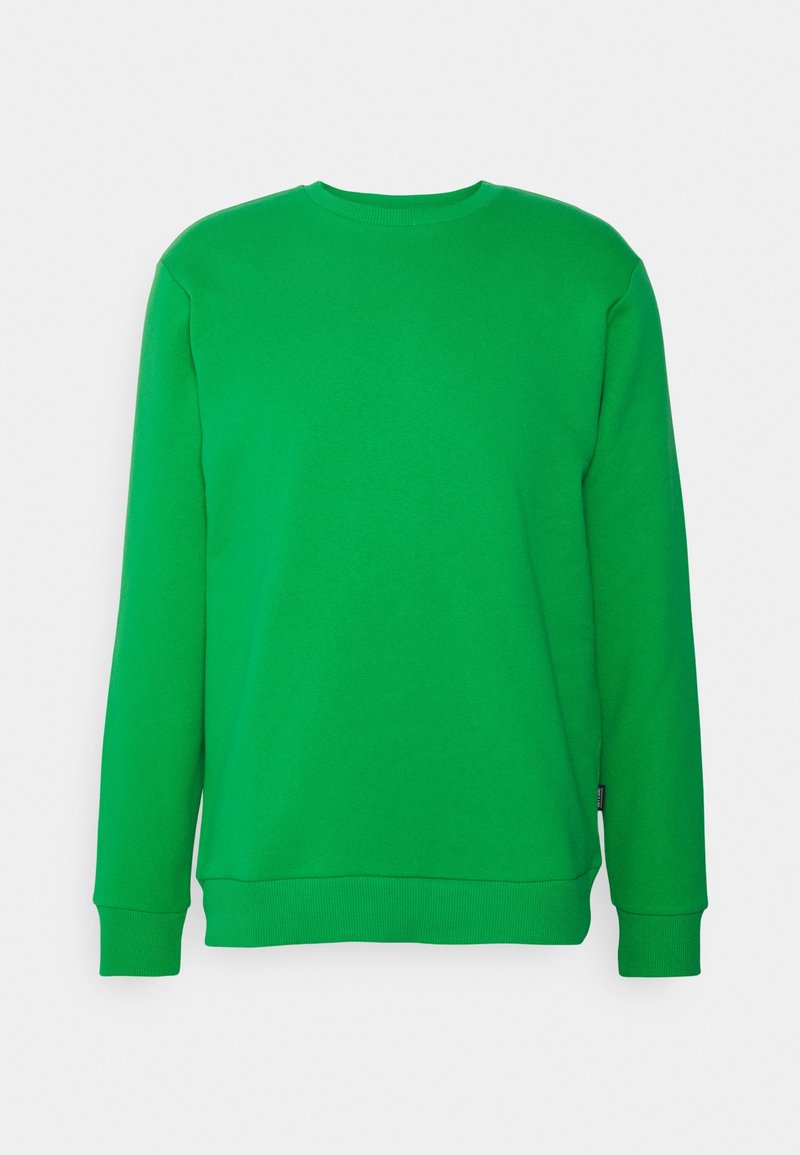 Sweat-shirt vert uni à manches longues, col rond avec poignets et ourlet côtelés sur fond gris clair.