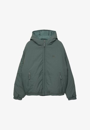 Veste rembourrée avec capuche de couleur vert foncé, dotée d'une fermeture éclair sur le devant, de deux poches latérales et de poignets élastiqués pour un ajustement parfait.