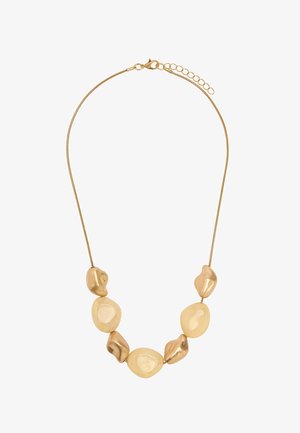 Naszyjnik w kolorze złotym z siedmioma gładkimi, nieregularnymi owalnymi i kamyczkowatymi koralikami na cienkim łańcuszku typu snake z zapięciem karabińczyk i przedłużką.