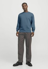 Sudadera azul oscura con mangas largas y cuello redondo, combinada con pantalones grises y zapatos negros, de pie sobre un fondo blanco.