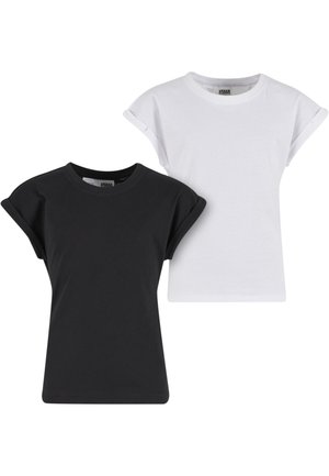 T-shirts à manches courtes noirs et blancs avec revers roulés, encolure ronde et coupe ajustée, présentés sur un fond blanc uni.