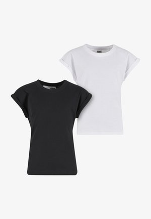 T-shirts met korte mouwen in zwart en wit met omgeslagen manchetten, ronde hals en een aansluitende pasvorm, getoond op een effen witte achtergrond.