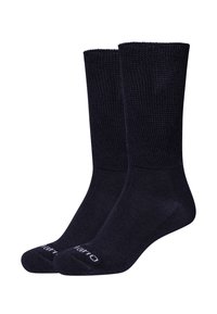 Ciemnoniebieskie skarpetki bawełniane z teksturowanym splotem, ściągaczem i gładkim palcem, z białym logo marki na stopie.