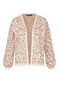 Cardigan lavorato a maglia beige con design a stampa leopardata, apertura frontale e maniche a palloncino. Texture morbida e polsini a coste. Etichetta del marchio visibile all'interno.