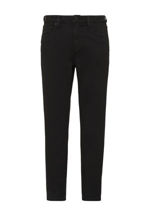 Jean en denim noir à coupe slim. Présente une taille mi-haute, des passants de ceinture et un style classique à cinq poches. Texture lisse, sans motifs visibles.