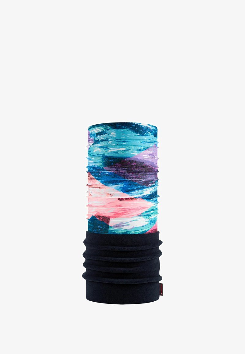 Cuello tubular multicolor con un patrón abstracto en azul, rosa y púrpura; presenta una sección inferior de forro de polar negro para mayor calidez.