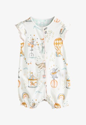 Balti medvilninis romperis su spalvingu cirko tema, vaizduojantis dramblį, zuikius ir žvaigždes. Su raukiniais apatinėse rankovėse ir spaudėmis.