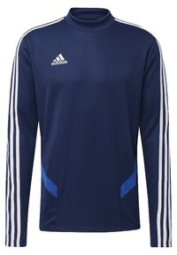 Granatowa sportowa koszulka z długim rękawem i wysokim kołnierzem, z białym logo Adidas oraz trzema białymi paskami na każdym rękawie. Siateczkowe panele boczne w kolorze niebieskim.