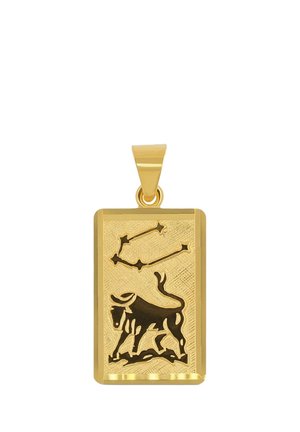 Goldener rechteckiger Anhänger, graviert mit dem Stier-Zodiac-Bullen und dem Sternbild darüber auf strukturiertem Hintergrund.