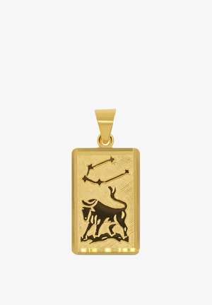 Pendentif rectangulaire en or gravé du taureau du zodiaque et de la constellation d'étoiles au-dessus sur un fond texturé.
