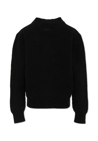 Maglione nero lavorato a maglia con collo alto, polsini aderenti e design corto. Tessuto testurizzato senza motivi o accenti visibili.