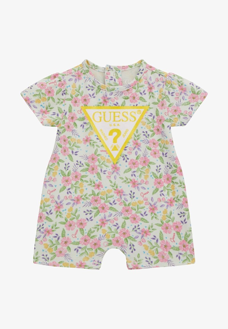 Blumenmuster Babykombination in Weiß mit kurzen Ärmeln, Rundhalsausschnitt und einem gelben dreieckigen Logo mit dem Text "Guess" in der Mitte.
