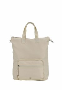 Beige Tragetasche mit zwei Griffen, einem Hauptfach mit Reißverschluss und einer frontalen Tasche mit Reißverschluss. Glatte Textur, klare Linien, minimalistisches Design.