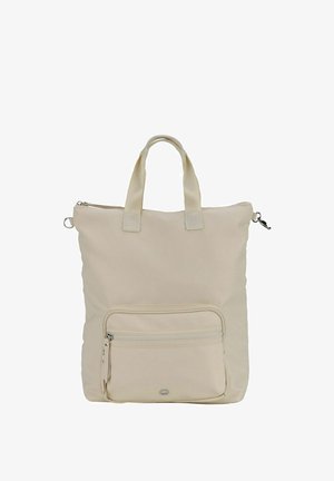 Sac fourre-tout beige avec deux poignées supérieures, compartiment principal zippé et poche avant zippée. Texture lisse, lignes épurées, design minimaliste.