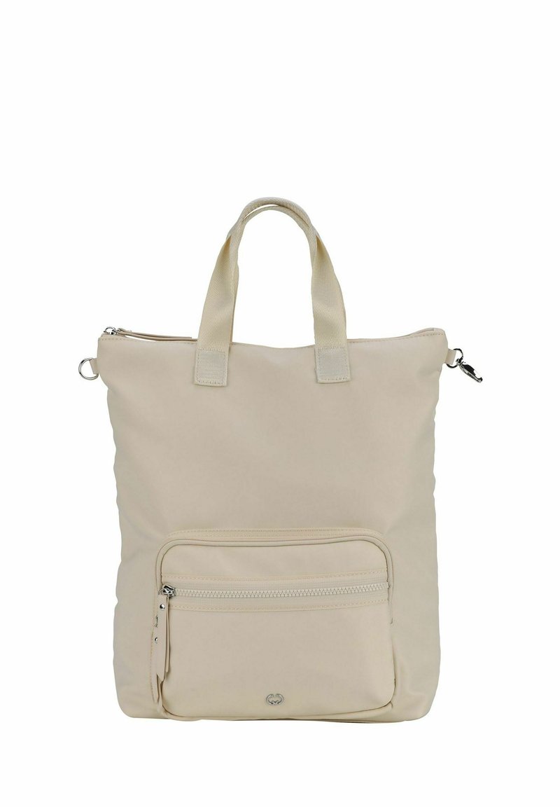 Beige Tragetasche mit zwei Griffen, einem Hauptfach mit Reißverschluss und einer frontalen Tasche mit Reißverschluss. Glatte Textur, klare Linien, minimalistisches Design.