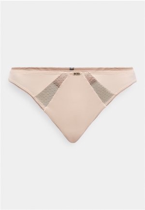 Μπεζ γυναικείο εσώρουχο σε στυλ μπικίνι με πάνελ δαντέλας από δίχτυ και μικρό μεταλλικό λογότυπο "BOSS" στο κέντρο της μπροστινής ζώνης μέσης.