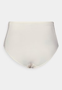 High-waisted underwear in light beige with smooth fabric, featuring sheer accents on the sides and a seamless design at the edges.
