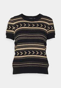 Svart och tan kortärmad stickad tröja med geometriska mönster, som har strukturerade ränder och en rund halsringning.