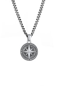 Sidabrinis kompaso pakabukas ant metalinės grandinėlės, su detaliomis graviruotėmis ir ryškiu penkių žvaigždžių žvaigždės dizainu. Apvalios formos, blizgus paviršius.