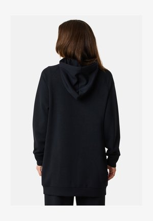 Zwarte hoodie met een losse pasvorm, zachte stof, lange mouwen en een capuchon met trekkoord, met ribgebreide manchetten en onderrand.