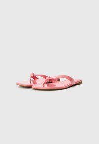 Infradito rosa lucidi con cinturini a forma di V, caratterizzati da un piccolo accento decorativo al centro. Superficie liscia e design della suola piatta.