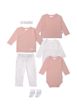 Five-piece baby outfit set: includes a pink wrap top, long-sleeve floral shirt, pink bodysuit, flower-patterned pants, and white socks.