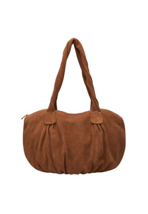 Braune Velourledertasche mit runder Form, gerafften Details und zwei verdrehten Griffen vor weißem Hintergrund.