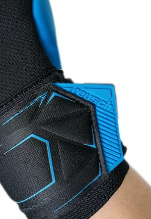 Black and blue sports glove with textured blue grip panel and "reusch" branding on the wrist area, worn on a hand against a white background.